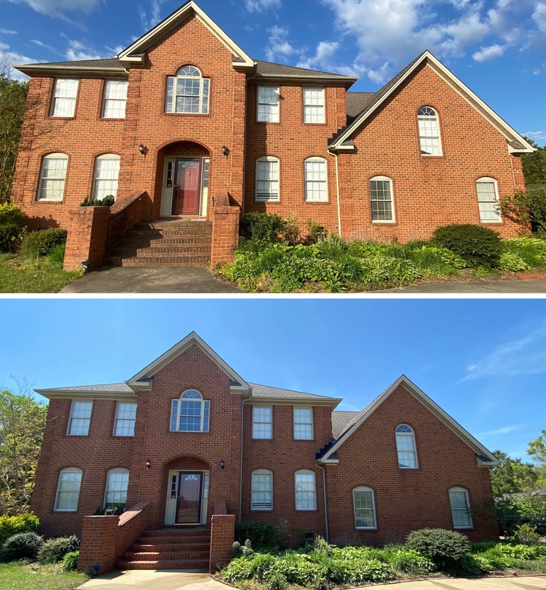 Before and after comparison of a large two-story red brick house exterior with a professional soft wash cleaning.