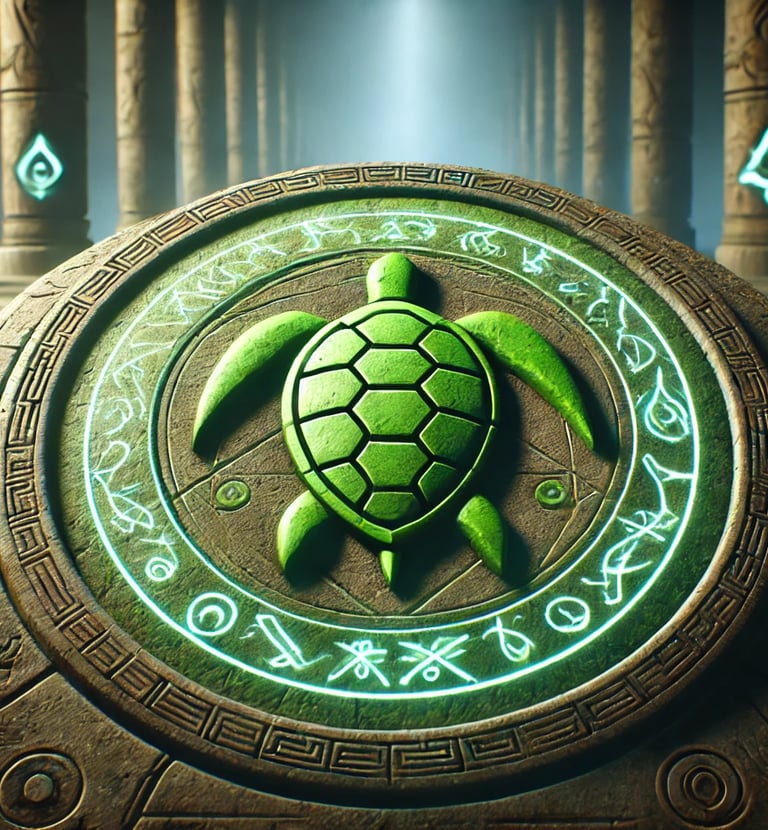  detailed green turtle symbol etched into ancient stone, marking the spot in Agartha where the Watch