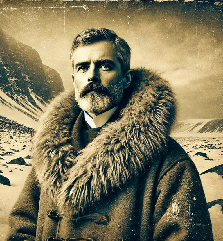  image of an explorer resembling Richard E. Byrd, with the vintage sepia tone and heavy fur-collared