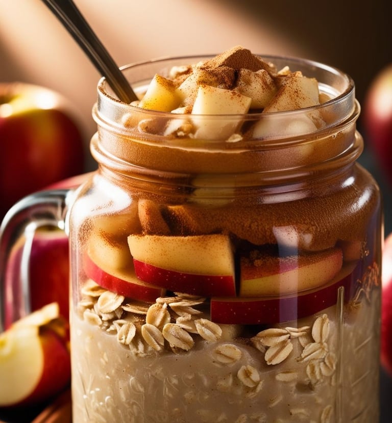 a jar of oatmeal with apples and cinnamons