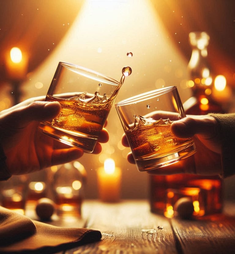 Two glasses of whisky tapping together in a toast