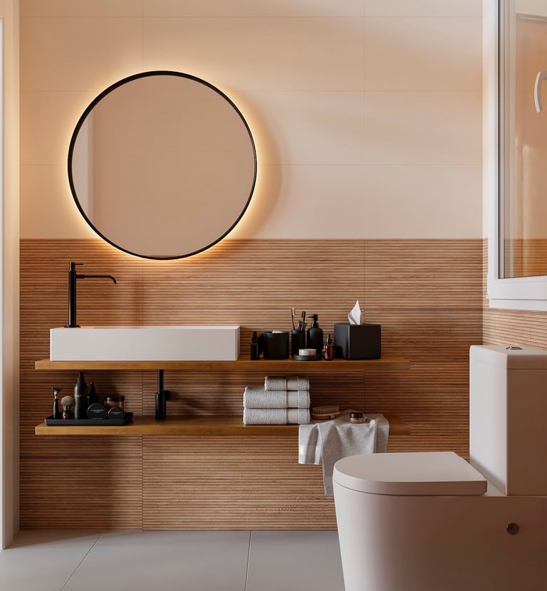 a bathroom with a toilet and a mirror