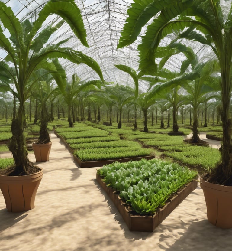 a greenhouse with plants growing in pots and a glass roof