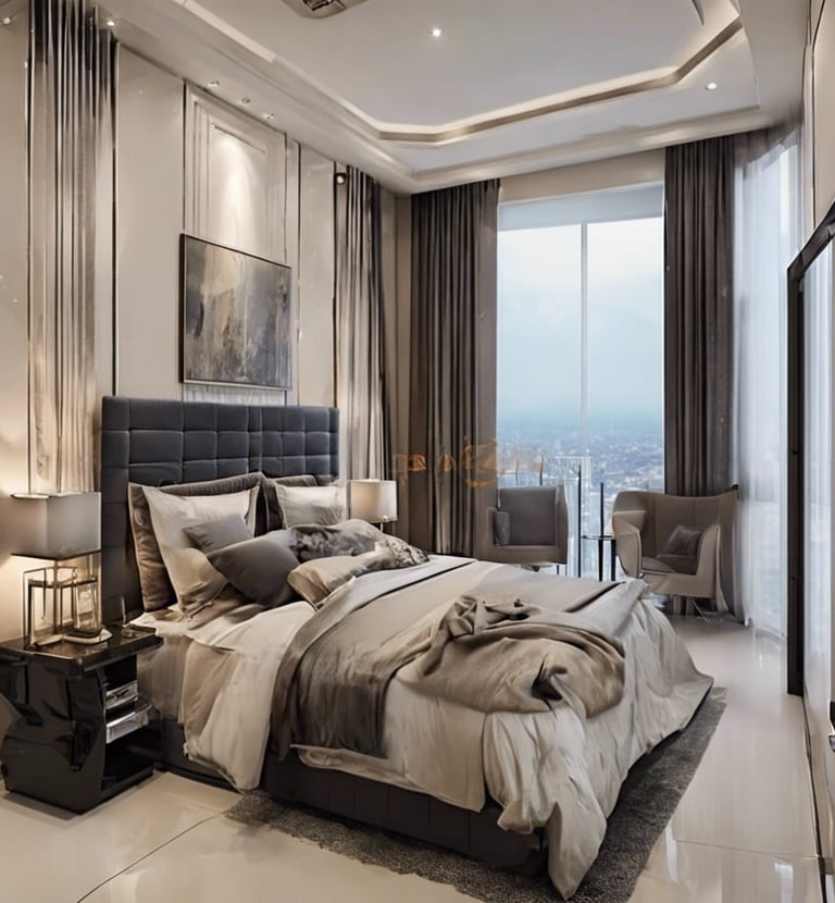 a bedroom with a large bed and a large window