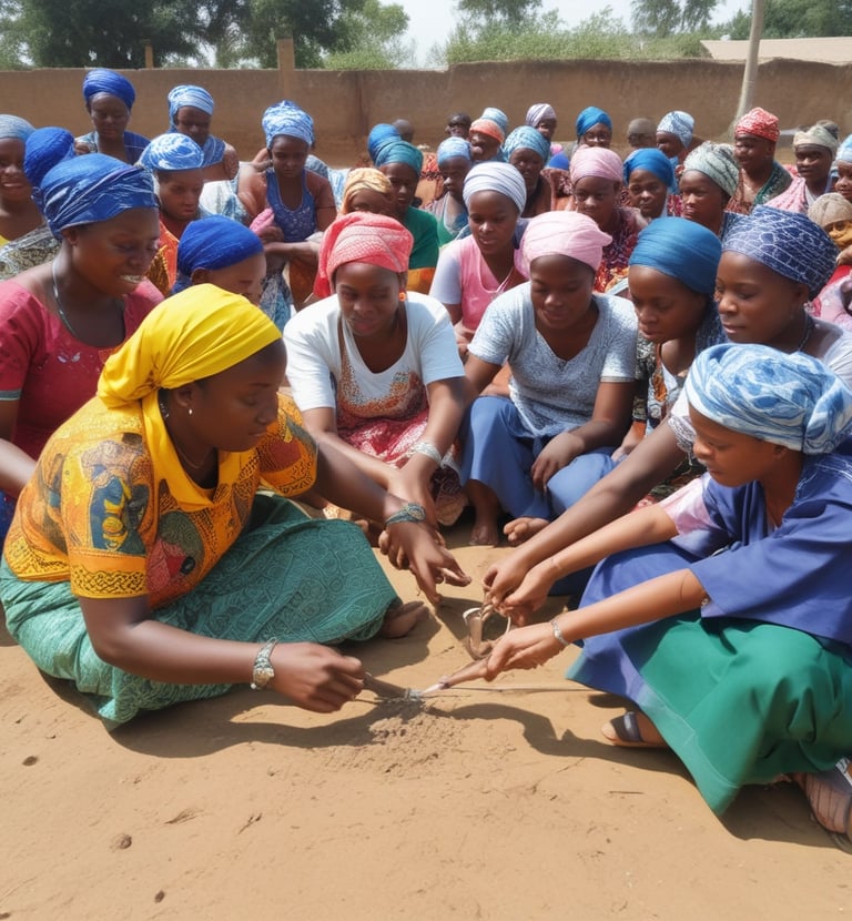 A group of six women wearing vibrant, flowing outfits stand confidently around a wooden bench in a modern indoor setting with high ceilings and large pillars. The women are posed elegantly with varied hairstyles and expressions, conveying a sense of strength and elegance.