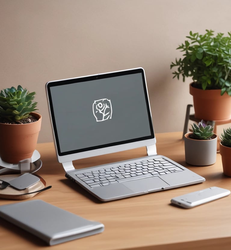 A modern workspace setup featuring a smartphone displaying a logo for National Bank, a silver laptop with a visible keyboard and trackpad, and a potted succulent plant in a terracotta pot. The items are arranged on a textured tabletop.