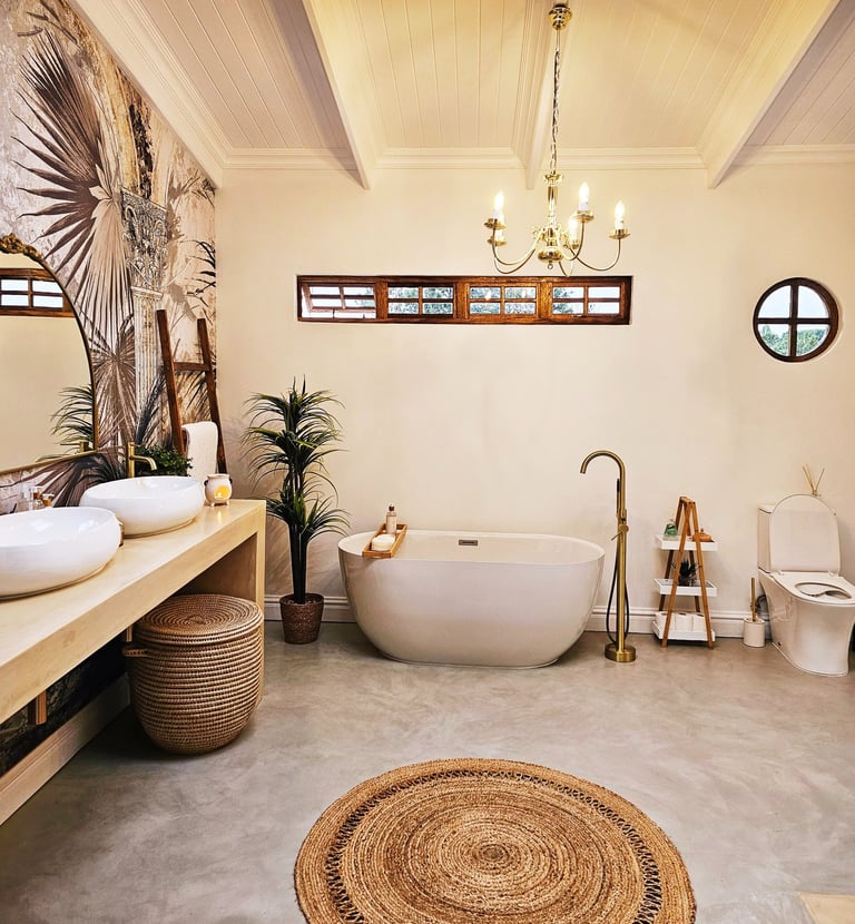 Cretecote Dew floor — seamless, smooth cement-based coating for modern interiors and Cemcote Dusk vanity finish. Tswanacrete