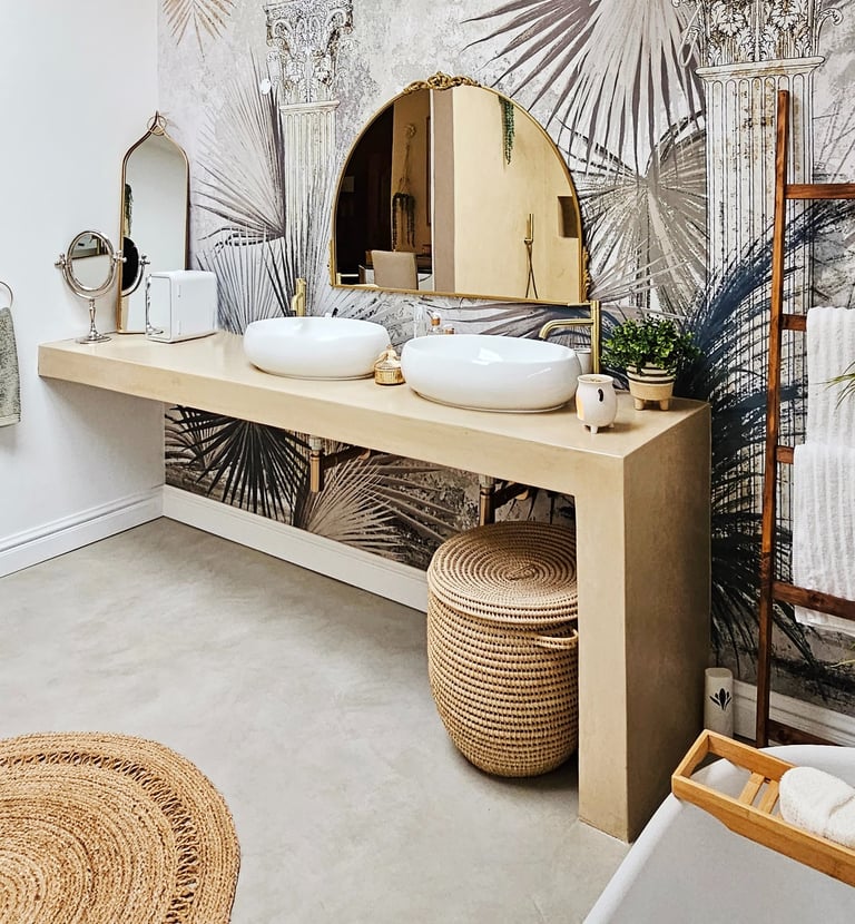 CreteCote Dusk vanity and Dew floor — seamless, durable cement finishes for modern bathrooms and interiors by Tswanacrete