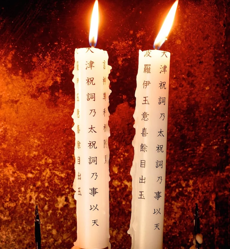 two candles with japanese writing on them