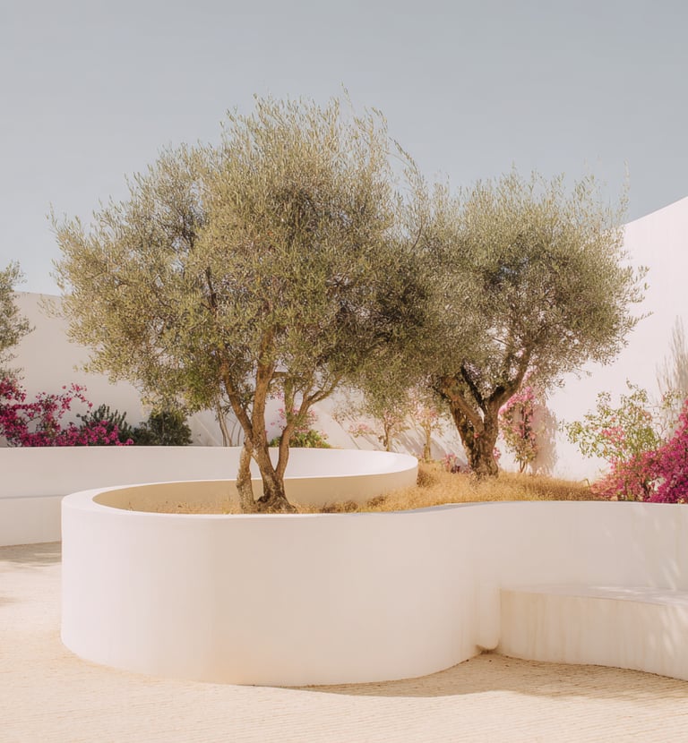 a planter with a tree in the middle of a circular white wall
