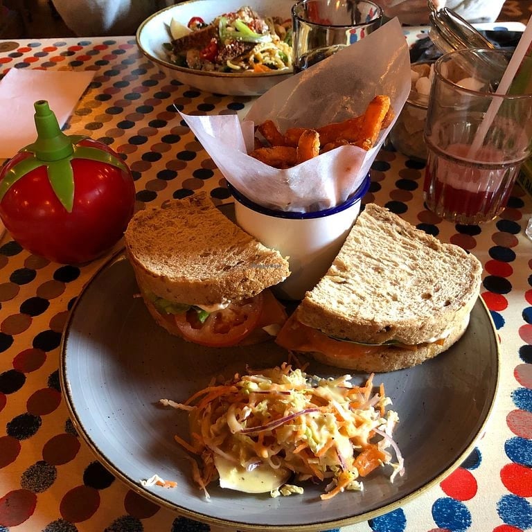 A sandwich with fries and a salad