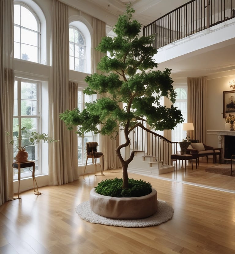 A minimalist home office features a sleek white desk paired with a black office chair. On the desk sits a closed laptop. Next to the desk is a white shelving unit containing a few books and decorative items. A small potted plant is placed on top of the shelf, while a tall plant stands on the floor nearby. The room is dimly lit, creating a calm and subdued atmosphere.