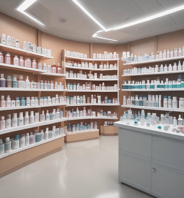 A street scene featuring a traditional medicine shop with red signage and a display of various products in the window. A person wearing a patterned shirt and a face mask stands outside, holding a walking stick. The storefront has blue awnings and a variety of colorful items visible through the glass.