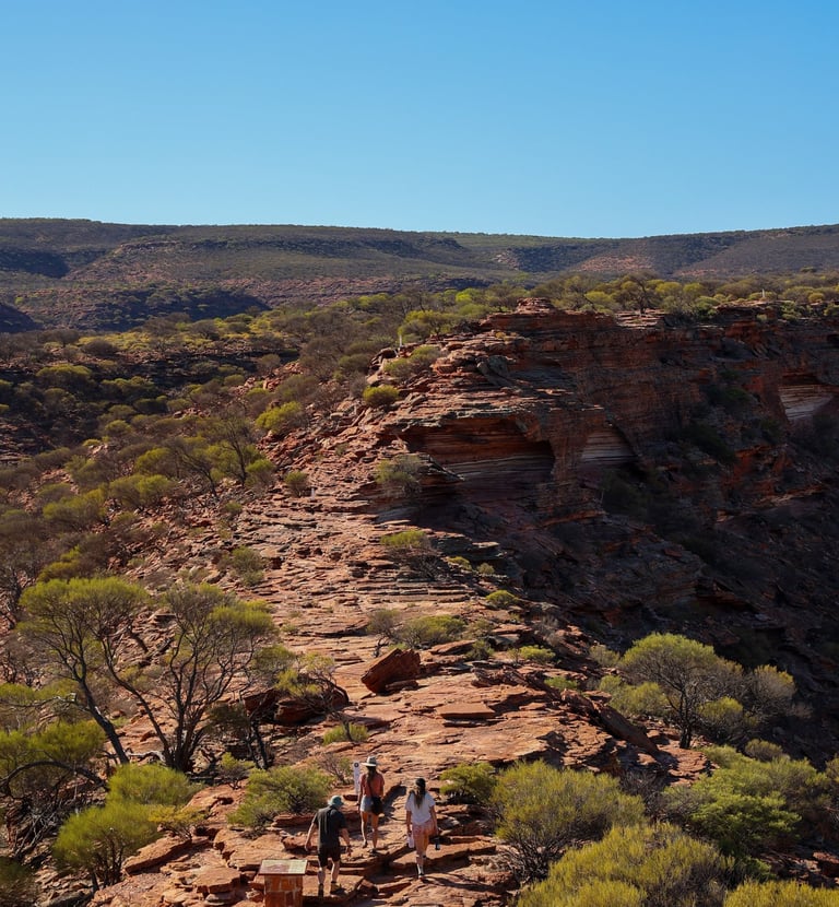 Toeristen wandelen door een kloof in Karlbarri National Park tijdens hun 4WD roadtrip