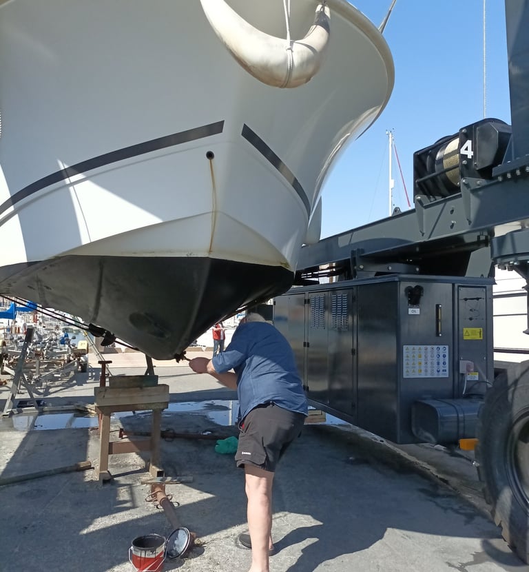 Final touches of anti fouling where the chocks had been
