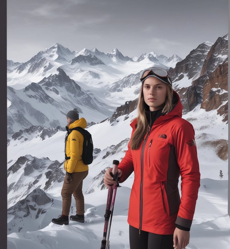 a woman in a red jacket and a man in a yellow jacket