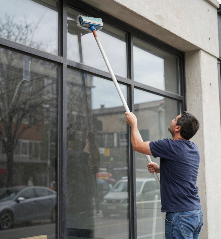 A professional window cleaner carefully working on second-floor office windows.