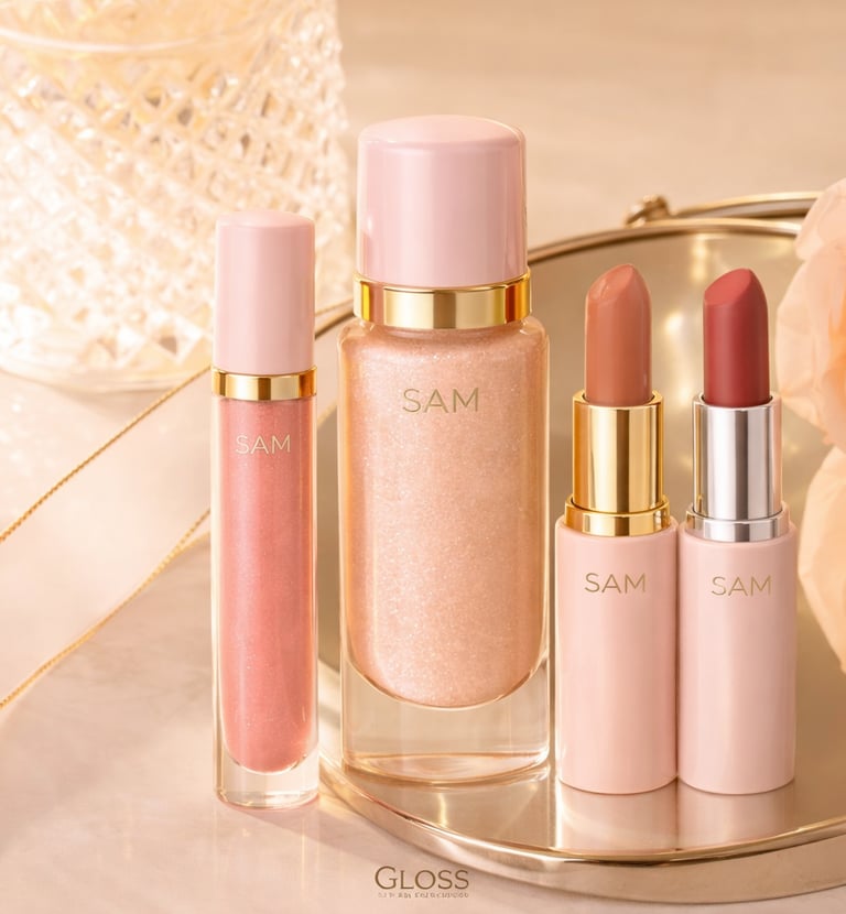 Elegante set de cosméticos rosa de SAM que incluye iluminador líquido con efecto brillante, gloss .