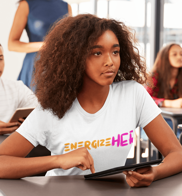 Girl in school wearing an energizeHER tshirt