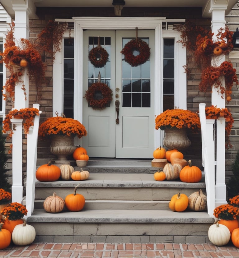 A decorative setting with three pumpkins in a wooden box adorned with the words 'happy fall'. The pumpkins vary in color from orange to white and are surrounded by artificial autumn leaves and small colorful beads on a string.