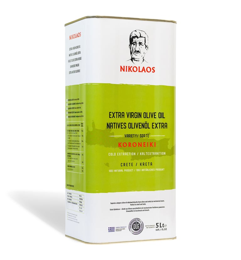 Das Bild zeigt eine 5-Liter-Dose "NIKOLAOS Extra Virgin Olive Oil", sortiert als "Koroneiki" aus Kre