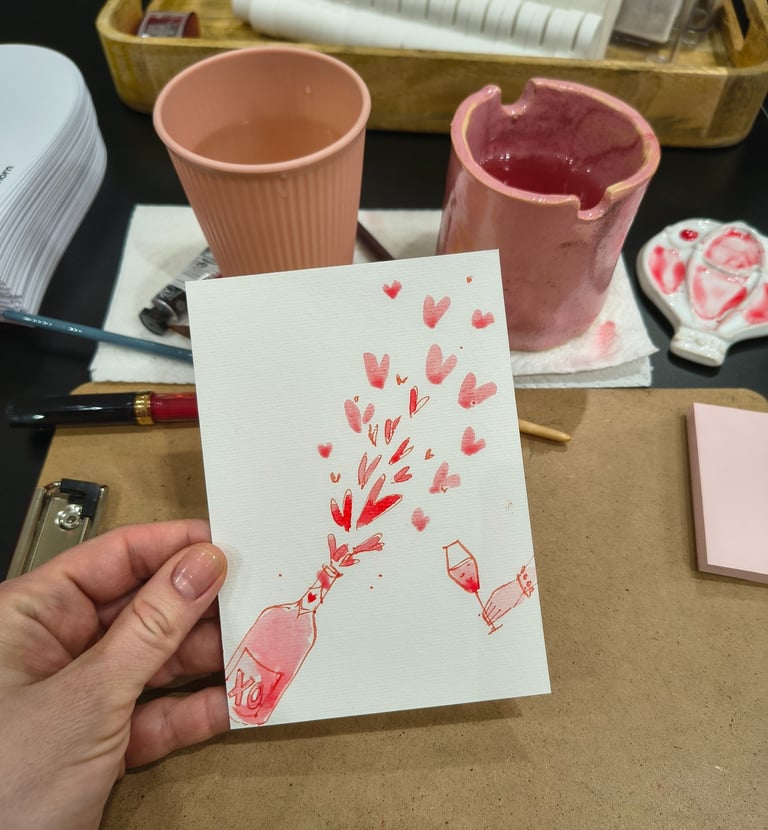 Liveillustration, handgemalte Valentinstagskarten, mit Tusche und Aquarell für Engelhorn Mannheim