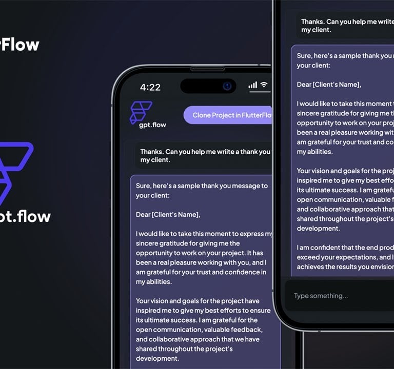 a phone with ChatGPT clone developed in FlutterFlow running on the screen