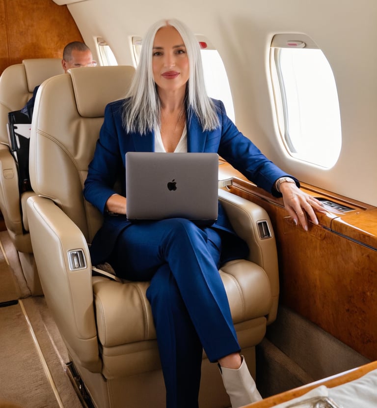 Elegante Luxury Coach in jet privato con laptop.