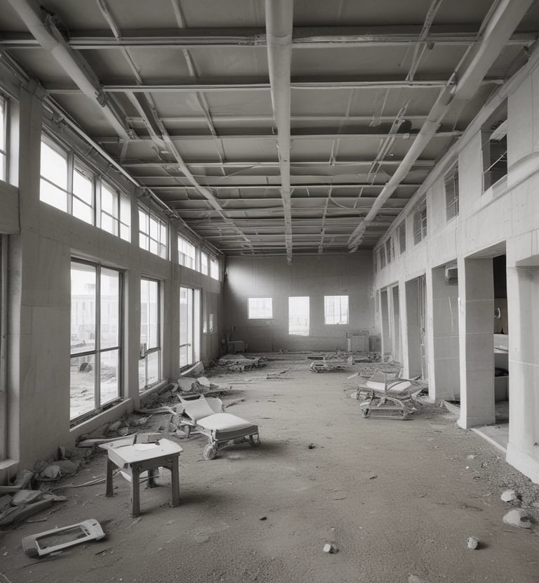 A view of a construction site, seen through a series of vertical window frames. A large crane is prominent against the skyline. The landscape outside includes rolling hills and a clear blue sky, while the interior features a metal railing and shadowed concrete surfaces.