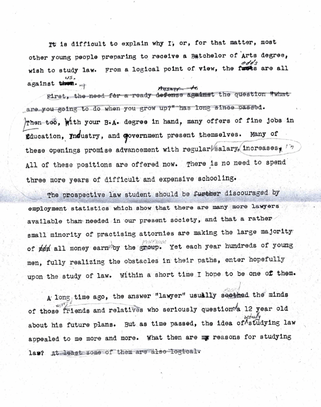 Derrick Bells typewritten application to law school