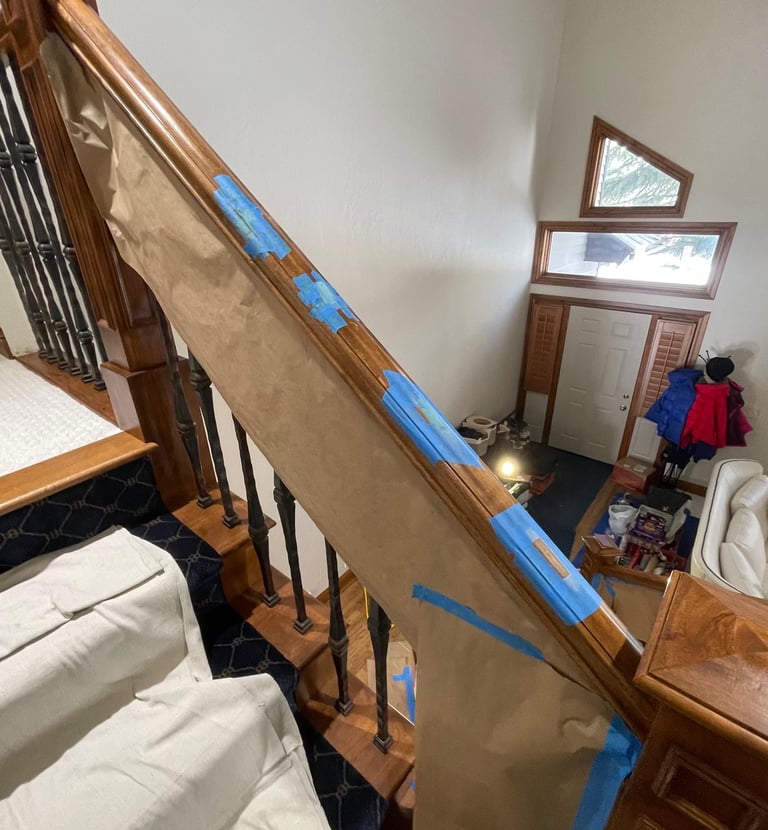 Oak staircase refinishing by Porqugal Woodworks LLC in Utah, detailed work on handrails and baluster