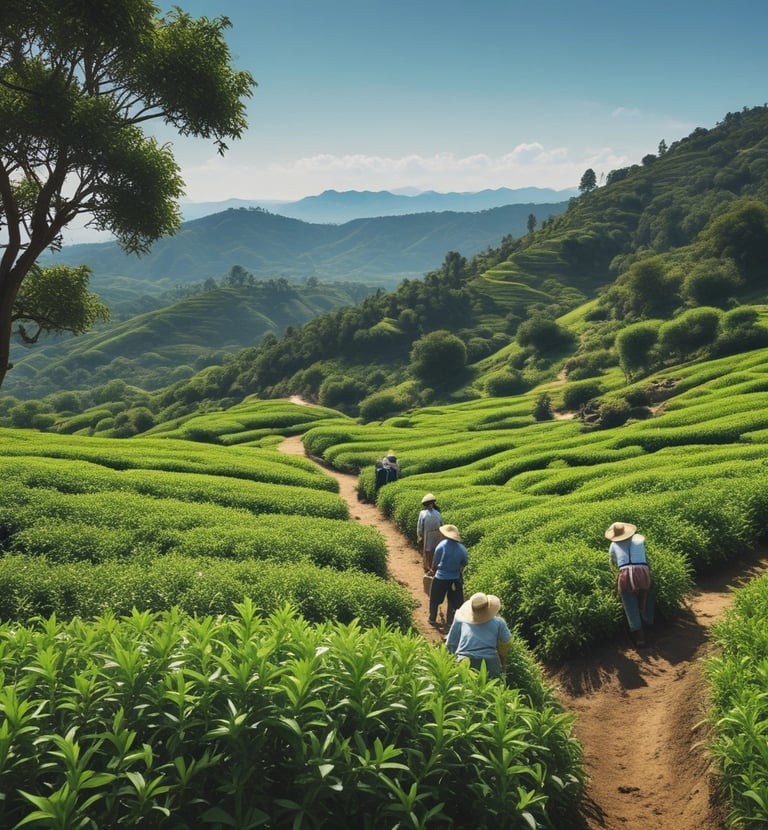 Three people stand in a vast, lush green tea plantation. The individuals are dressed in casual clothing and are seen from behind, gazing over the expansive fields. Numerous workers are visible in the distance, scattered across the plantation, tending to the crops. A vehicle is parked at the edge of the field.