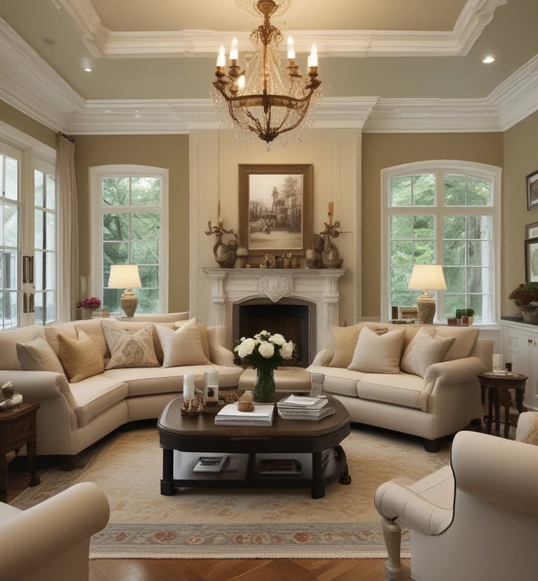 A cozy living room with modern furniture and warm lighting.