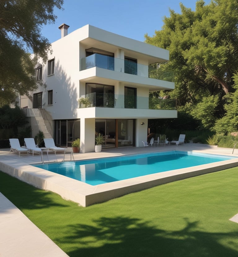 A cozy living room with modern furniture and warm lighting.