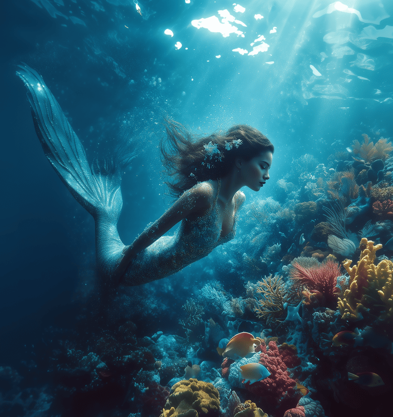 mermaid swimming around a coral reef