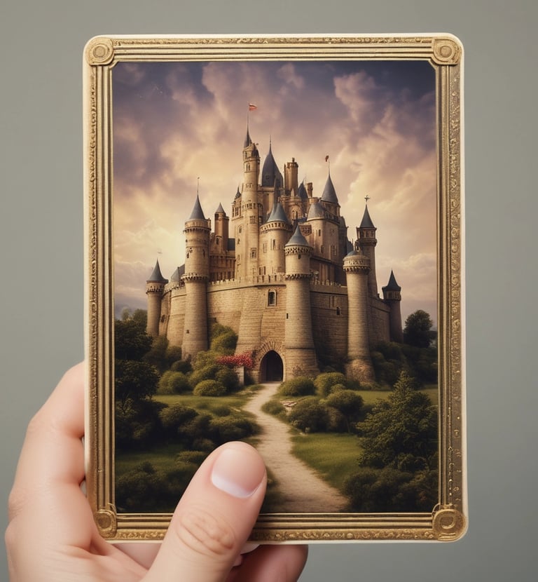Hands holding a beautifully illustrated card depicting a famous French cathedral.