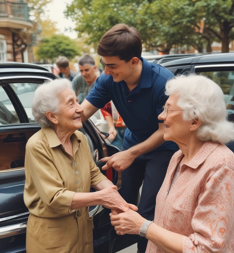 A compassionate team member assisting an elderly woman with her medical transportation.