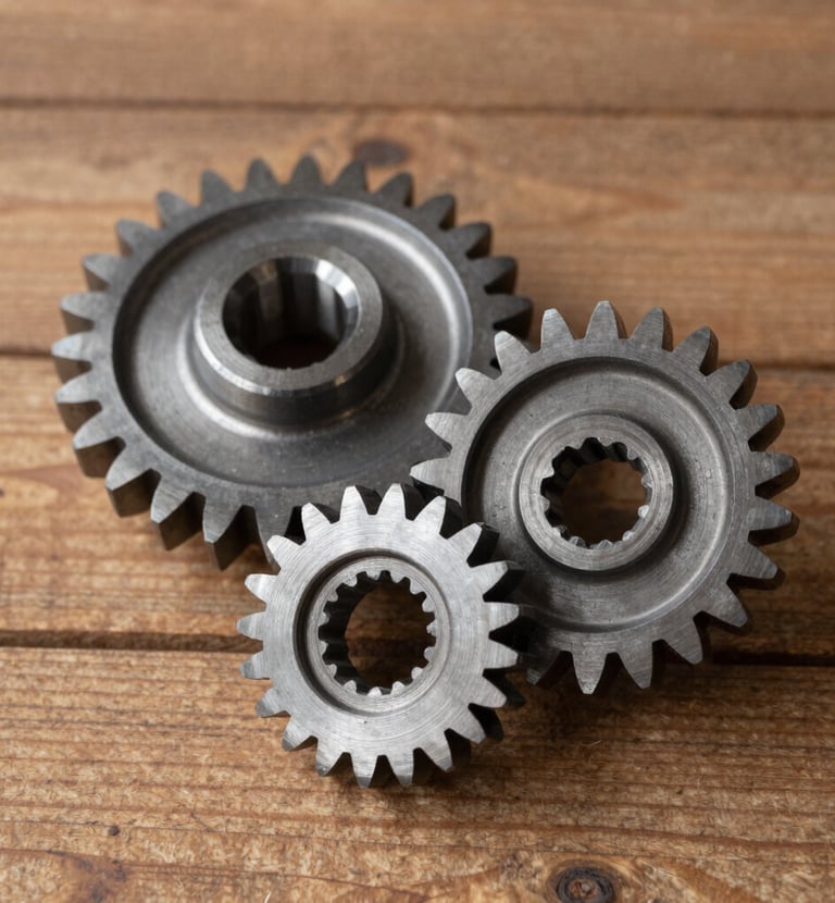 Array of custom-machined parts neatly arranged on a workbench.