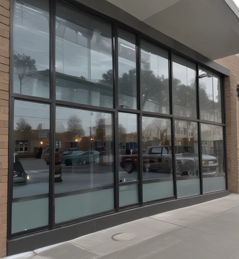 Office windows with decorative privacy film displaying a subtle geometric pattern, softly diffusing sunlight.