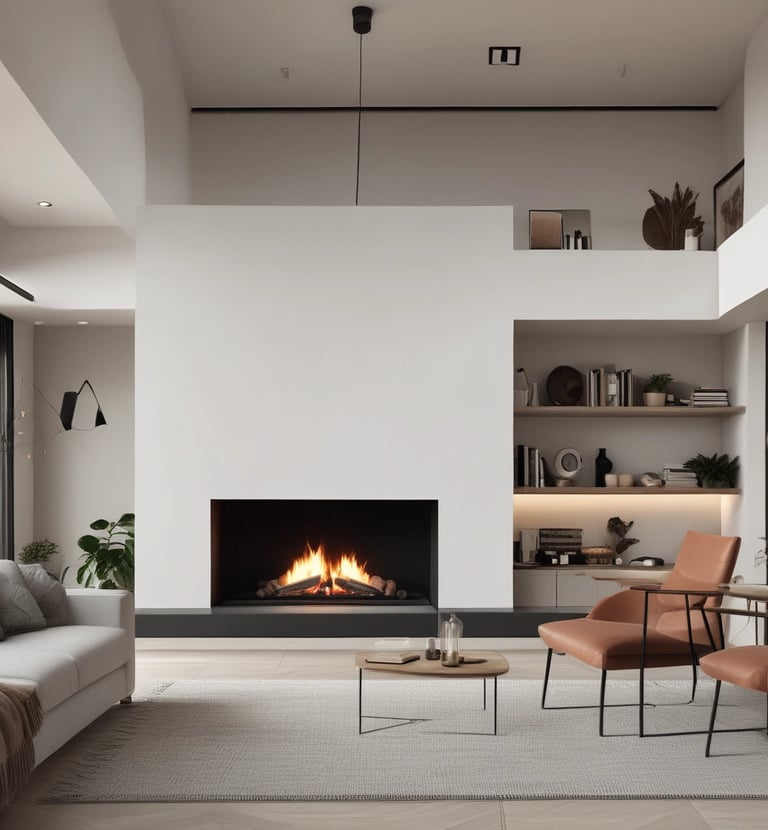 Interior view of a bright living room inside a steel prefab house.