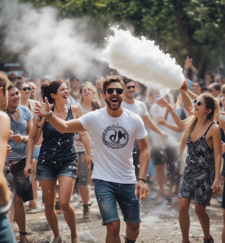 A crowd of all ages having fun under a large foam cannon at a sunny celebration.