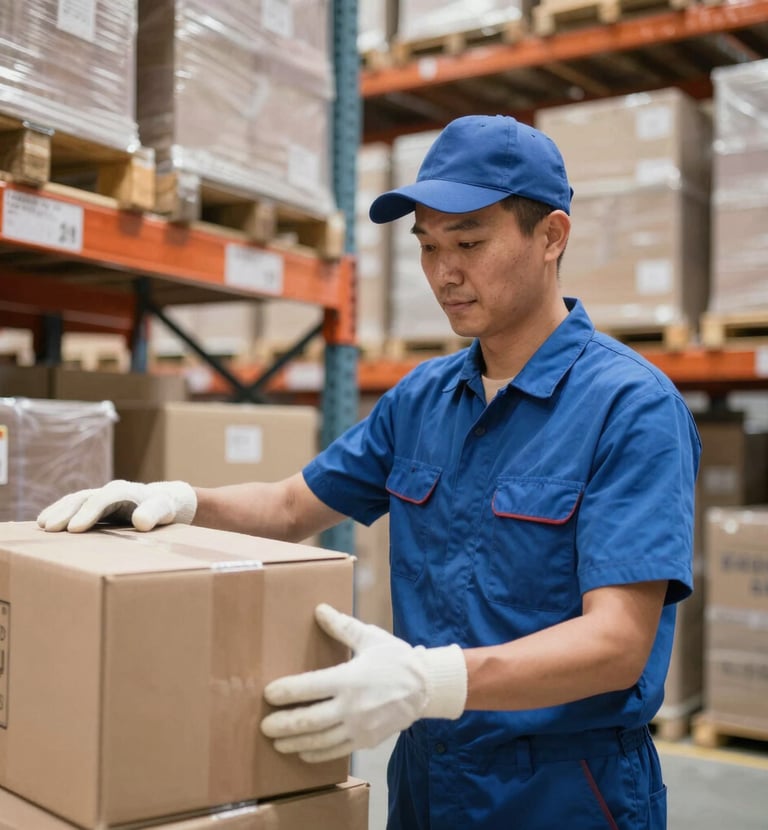 A team member inspecting a shipment of TVs before dispatch.