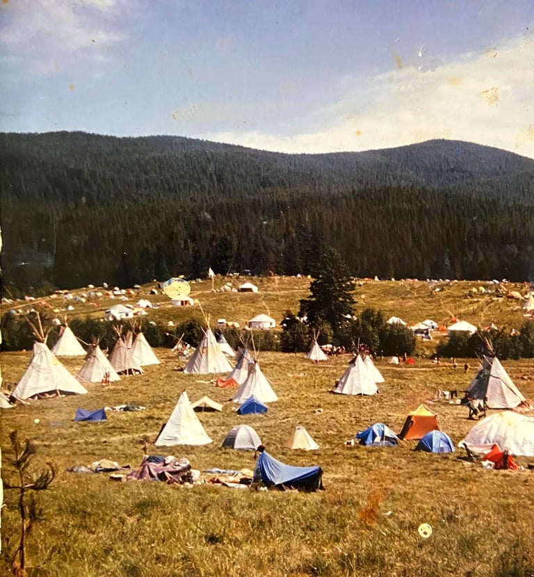 Tents and tipis set up at 1981 Rainbow Gathering