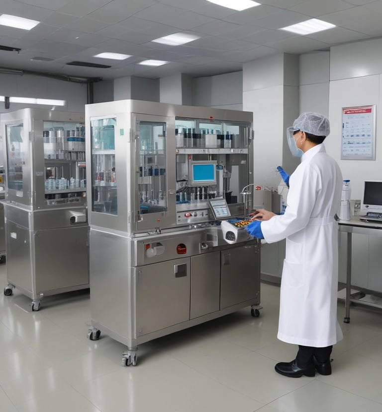 Workers in protective gear inspecting medicine batches on the production line.