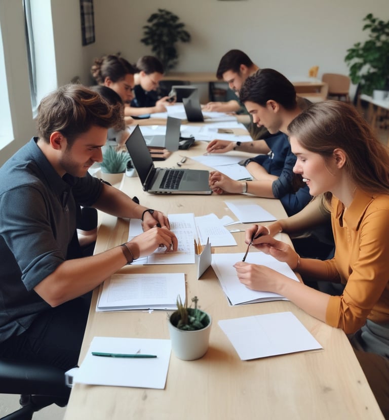 Team members collaborating over paperwork and laptops, focused on compliance tasks.