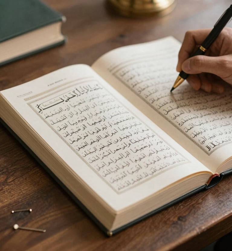 Close-up of hands flipping through the pages of a well-loved book beside a softly glowing candle.