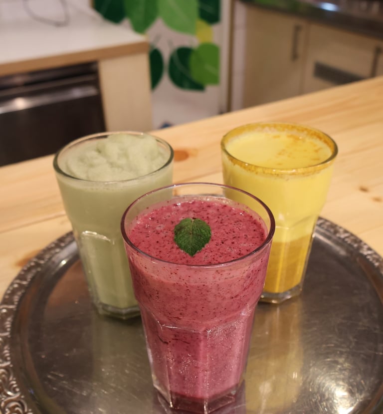 three glasses of smoothie with a mint green tea and a mint green tea