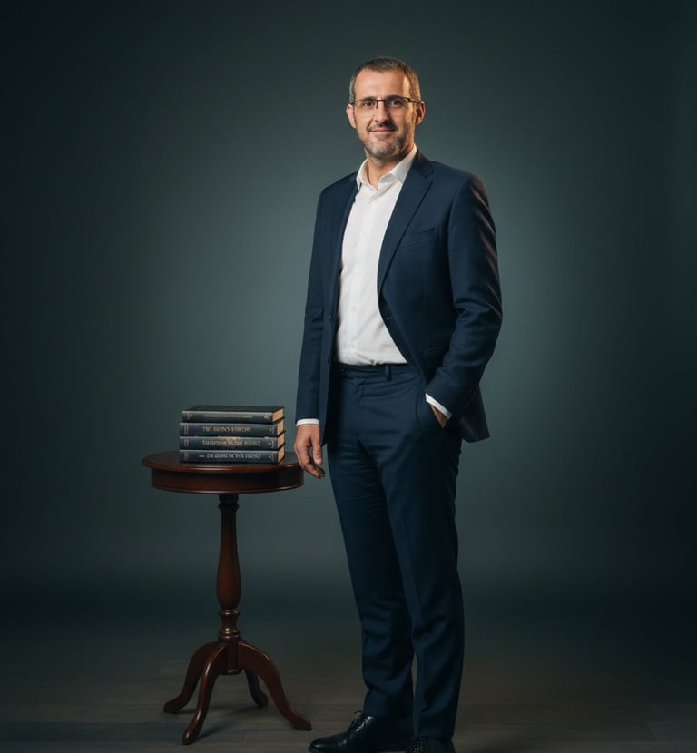 Hombre con traje de pie frente a una mesa con libros