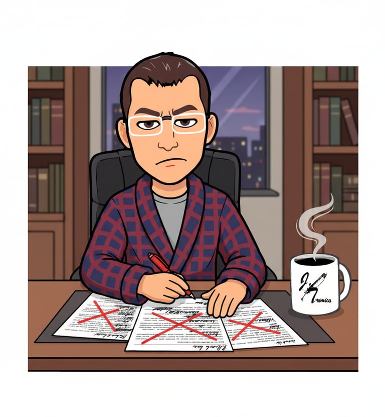 Dibujo de un hombre en bata sentado frente a un escritorio con papeles y una taza de café caliente