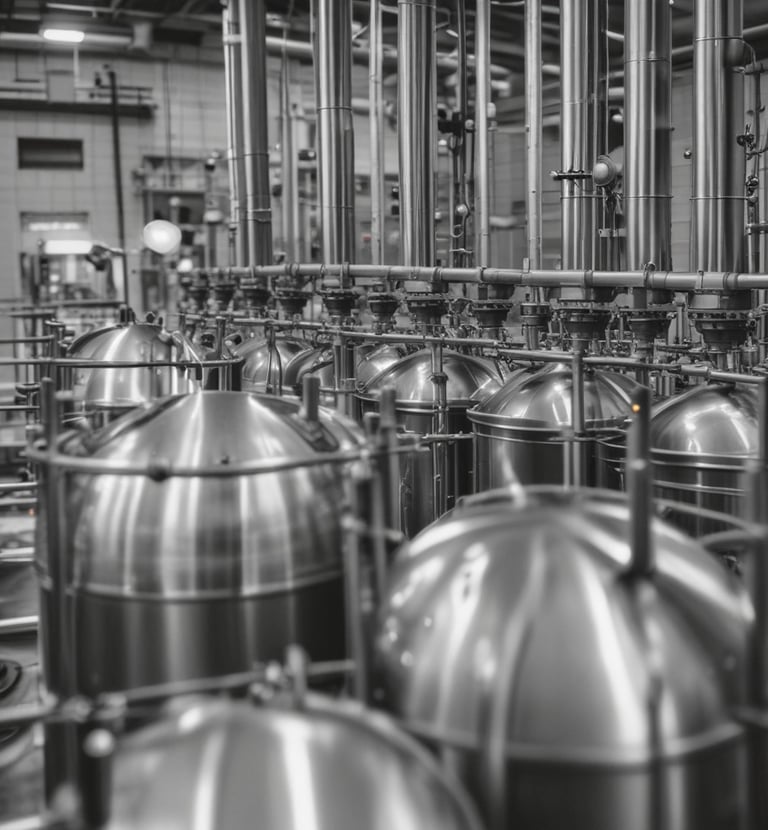 Close-up image of fine chemicals being processed in stainless steel reactors.